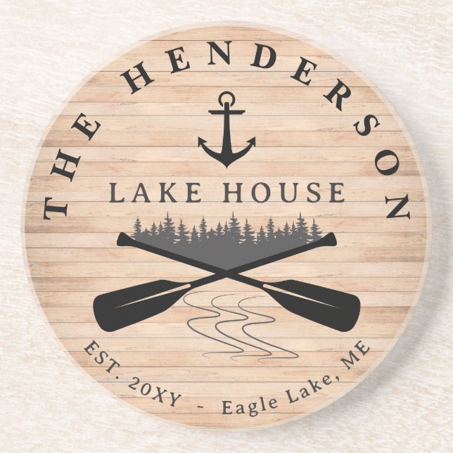 Posavasos Nombre de familia Lake House Pine Tree wood Person (Frente)