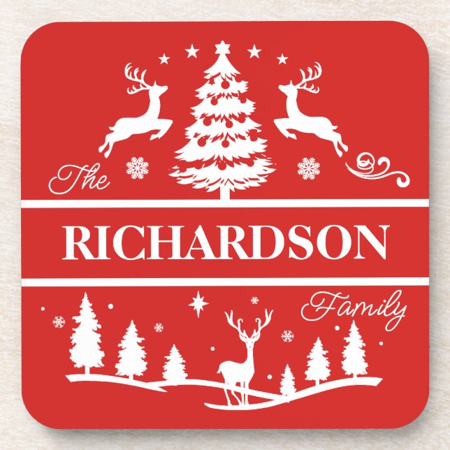 Posavasos Nombre de familia personalizada de Navidades rojos (Frente)
