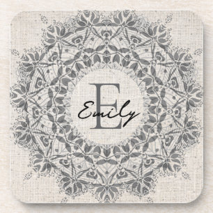 Posavasos Nombre de Mandala Monograma Gris claro monocromo