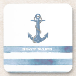 Posavasos Nombre del barco náutico, Ancla,Rope,Rayas azules