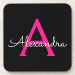 Posavasos Nombre del Monograma de Giro del Guión Negro Calie<br><div class="desc">Máster de papel con nombres de monograma de escritura simple negro y rosa caliente. Esto hace que la graduación perfecta, el cumpleaños, el boda, la ducha de novia, el aniversario, la ducha de bebé o la fiesta de soltera sea un regalo para alguien que ama el lujo glam y los...</div>