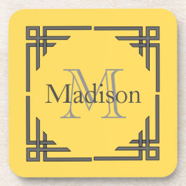 Posavasos Nombre geométrico gris amarillo del monograma de
