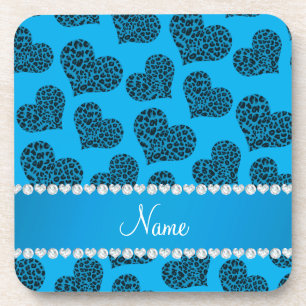 Posavasos Nombre personalizado corazones de leopardo azul ci