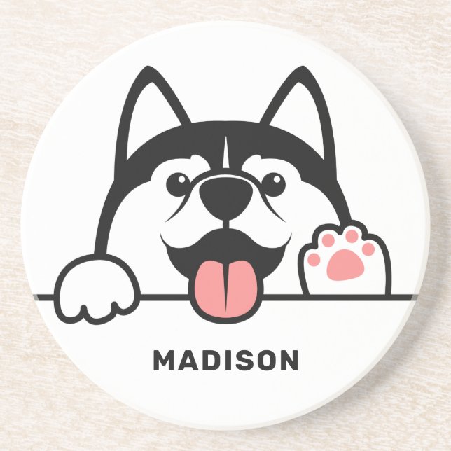 Posavasos Nombre personalizado Cute Siberian Husky (Frente)