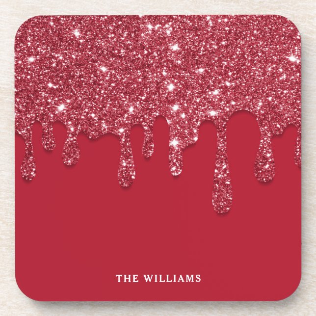 Posavasos Nombre personalizado del Purpurina rojo Drip (Frente)
