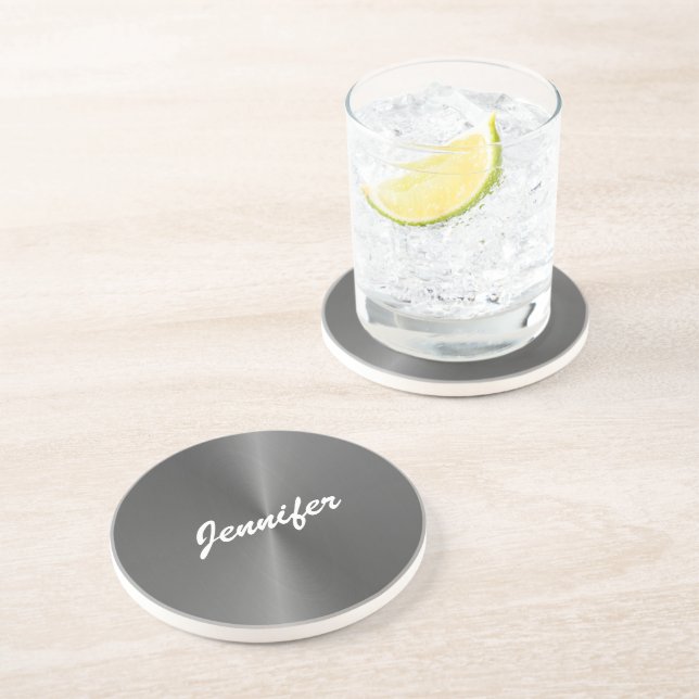 Posavasos Nombre personalizado metalizado gris brillante (Lado)