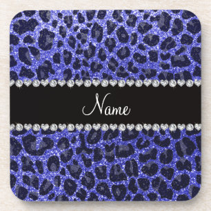 Posavasos Nombre personalizado neón azul purpurina leopardo