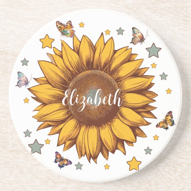 Posavasos Nombre personalizado para regalo de girasol retro  (Frente)