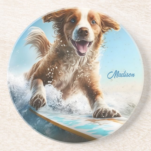 Posavasos Nombre personalizado Perro de Surfing (Frente)