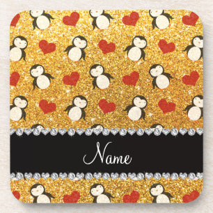 Posavasos Nombre personalizado purpurina amarillo pingüinos 