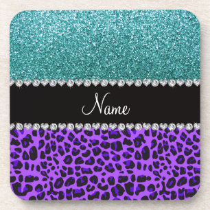 Posavasos Nombre personalizado purpurina turquesa de leopard