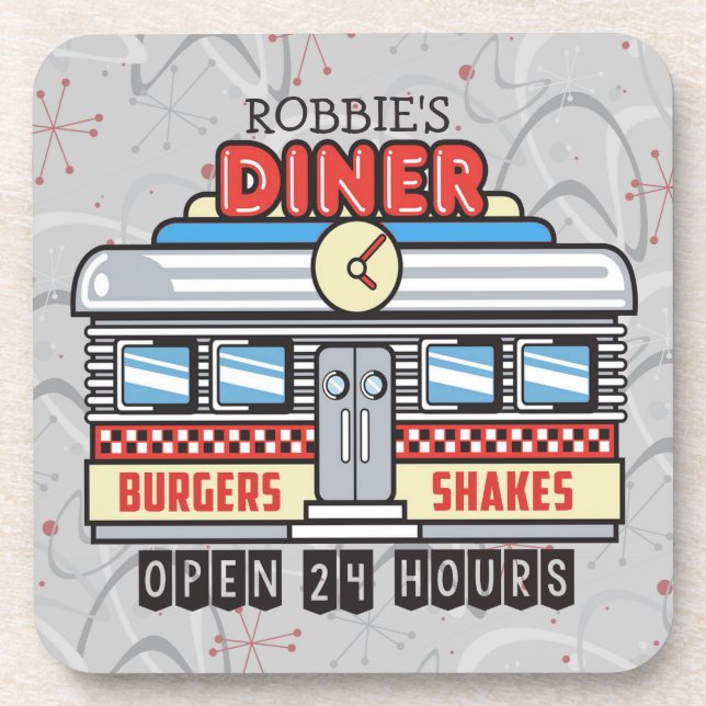 Posavasos NOMBRE personalizado Retro 50 Diner Rótulo 50 Atóm (Frente)