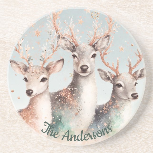Posavasos Nombre personalizado Watercolor Deer Winter Woodla (Frente)