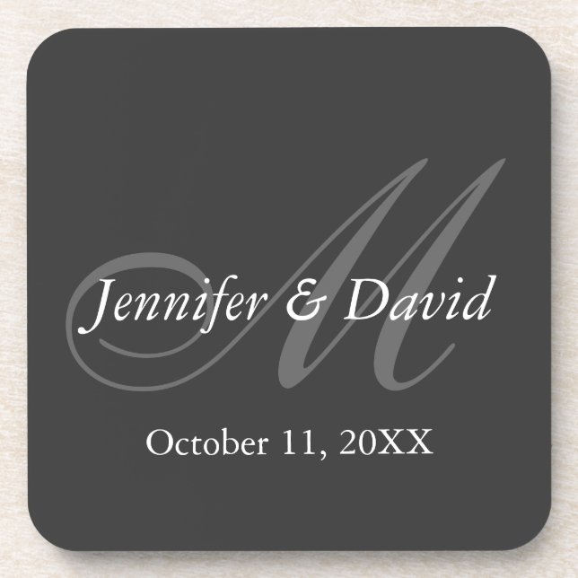 Posavasos Nombres de novios de Boda de monograma gris claro (Frente)