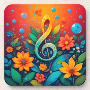 Posavasos Nota Musical Artística Rodeada De Flores Coloridas