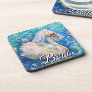 Posavasos Novia cisne con velo en agua azul blanco personali