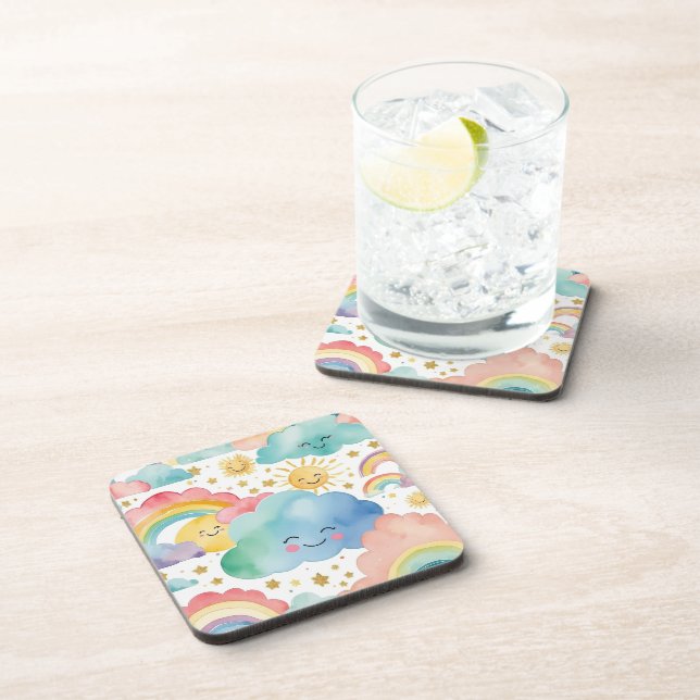 Posavasos Nubes Sonrientes Cute Patrón de soles y arcoíris (Lado Derecho)