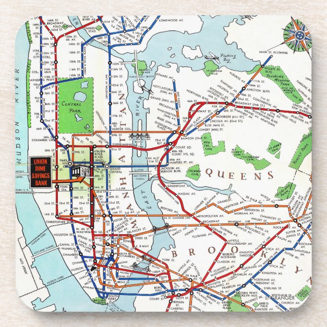 Posavasos Nueva York: Mapa del subterráneo, 1940 (Frente)