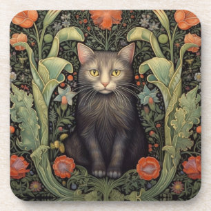 Posavasos Nuevo arte gato negro y flores rojas