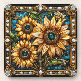 Posavasos Obra de arte de girasol ornamentada enmarcada en o