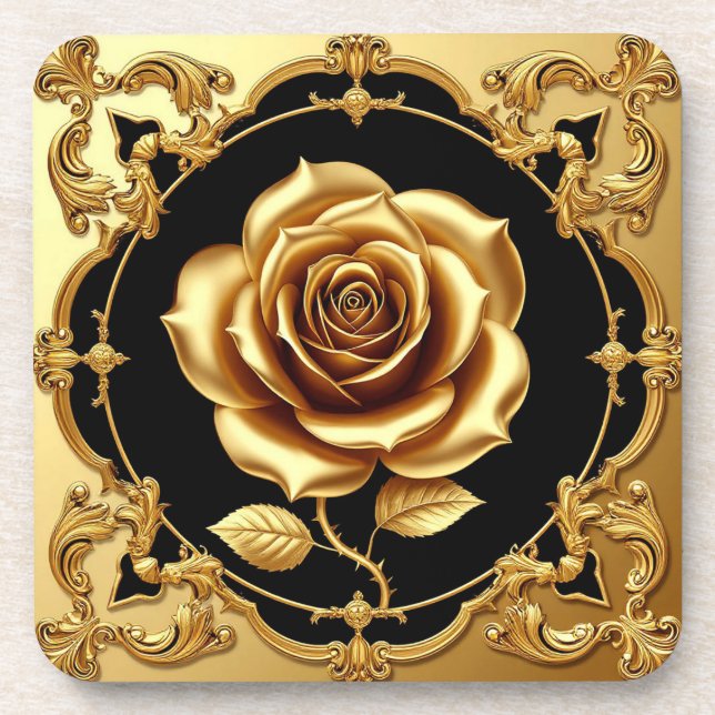 Posavasos Obra de arte de Rosa Dorada con Elemento Decorativ (Frente)