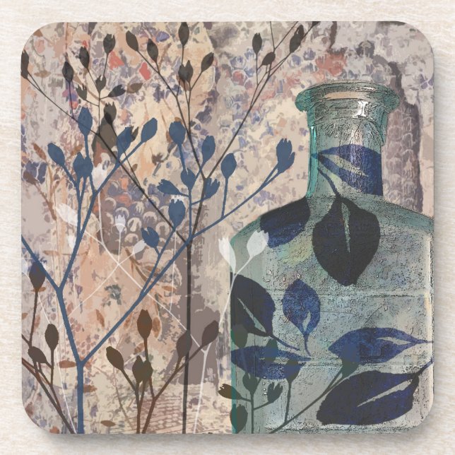 Posavasos Obra de arte original Botellas de cosecha y follaj (Frente)