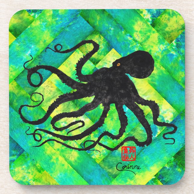 Posavasos Octopus 6 Sobre Azul/Verde - Duros Astratos Plásti (Frente)