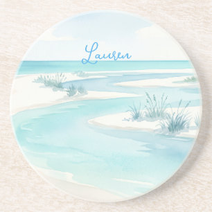 Posavasos olas de playa de acuarela azul pastel nombre edita