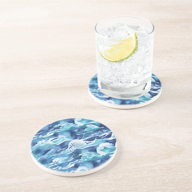 Posavasos Olas del Océano | Acuarela Verde Azul Turquesa (Lado)