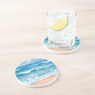 Posavasos Olas del Océano Azul Acuarela de Mar de Playa