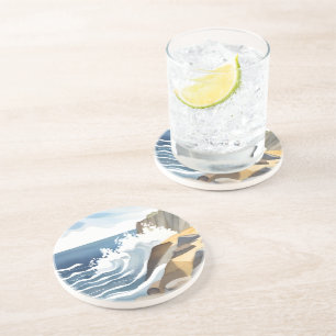 Posavasos Olas que rompen   Acuarela de costa rocosa