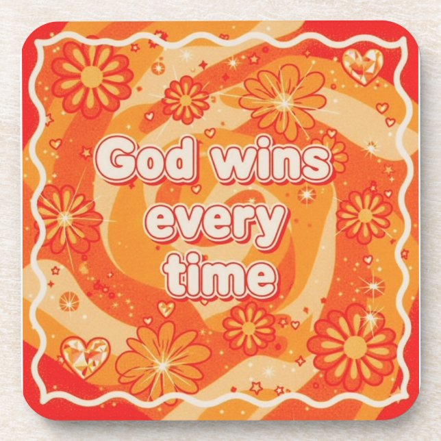 Posavasos orange God wins everytime christian faith (Frente)