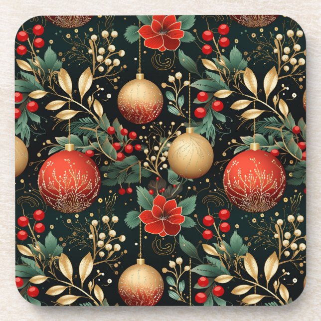 Posavasos Ornamento rojo de los navidades Floral Berry Gold (Frente)