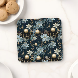 Posavasos Ornamentos de Navidad azules y dorados Poinsettias