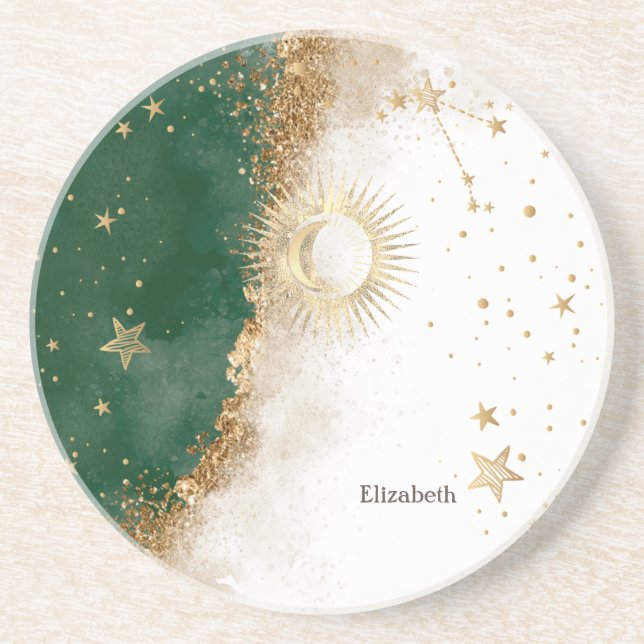 Posavasos Oro Celestial Sol Y Luna Estrellas Verde (Frente)