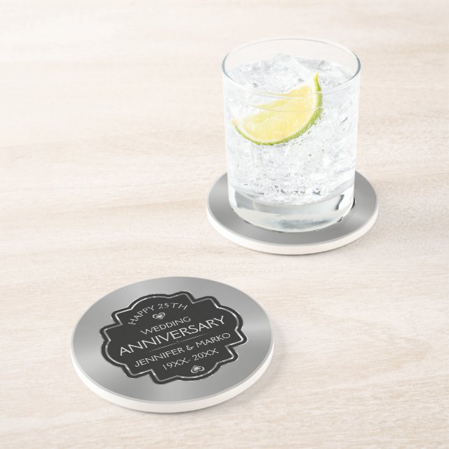 Posavasos Oro personalizado y 25 años de Boda negro (Lado)