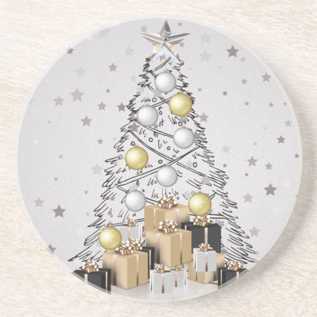 Posavasos Oro plateado y árbol de Navidad negro (Frente)