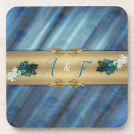 Posavasos Oro, plumas de pavo real sobre seda verde esmerald