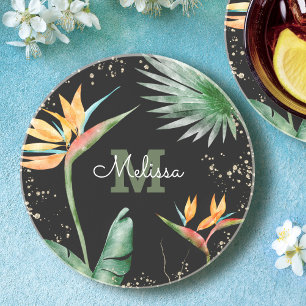 Posavasos Oro Tropical Floral Foliage Monograma Script