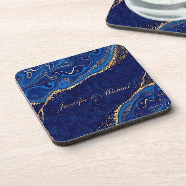 Posavasos Oro y Azul Boda Moderna Elegante Nombre Personaliz (Lado Izquierdo)
