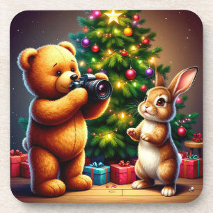 Posavasos Oso adorable y conejo capturando la Navidad