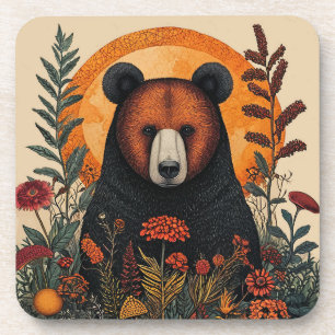 Posavasos Oso artístico entre flores botánicas vibrantes
