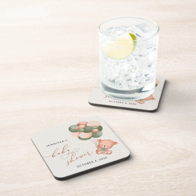 Posavasos Oso bebé, Oso de peluche, Globos verdes, Baby Show (Lado Derecho)