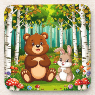 Posavasos Oso de dibujos animados y conejo sentados en un ex