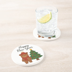 Posavasos Oso de invierno lindo con árbol de Navidad Feliz A