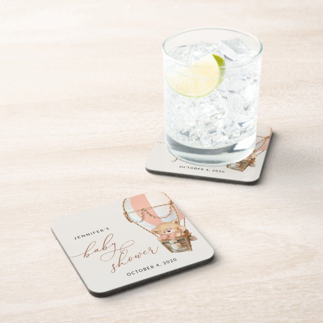 Posavasos Oso de peluche, globo de aire caliente rosado, Bab (Lado Derecho)