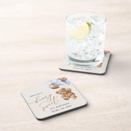 Posavasos Oso de peluche, globos azules, primer cumpleaños