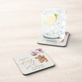 Posavasos Oso de peluche, globos morados, primer cumpleaños