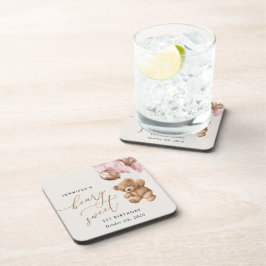 Posavasos Oso de peluche, globos rosados, primer cumpleaños