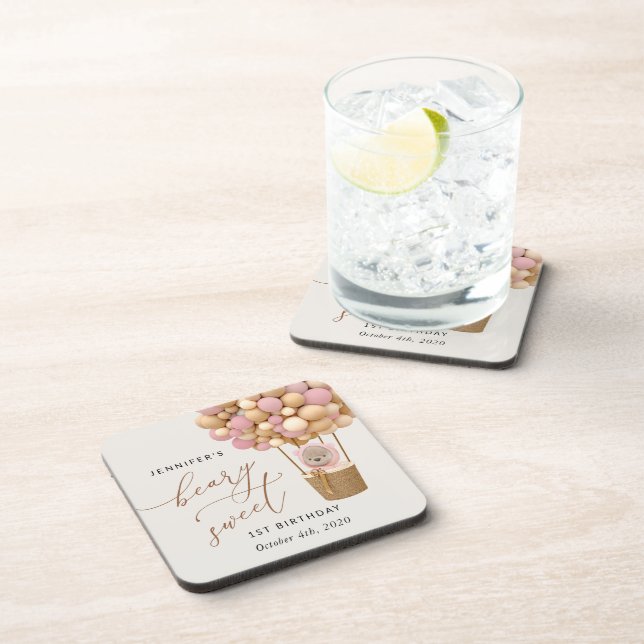 Posavasos Oso lindo, globos rosados, primer cumpleaños (Lado Derecho)